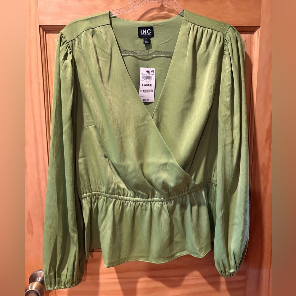 INC International Concepts Light Olive Wrap Peplum Blouse